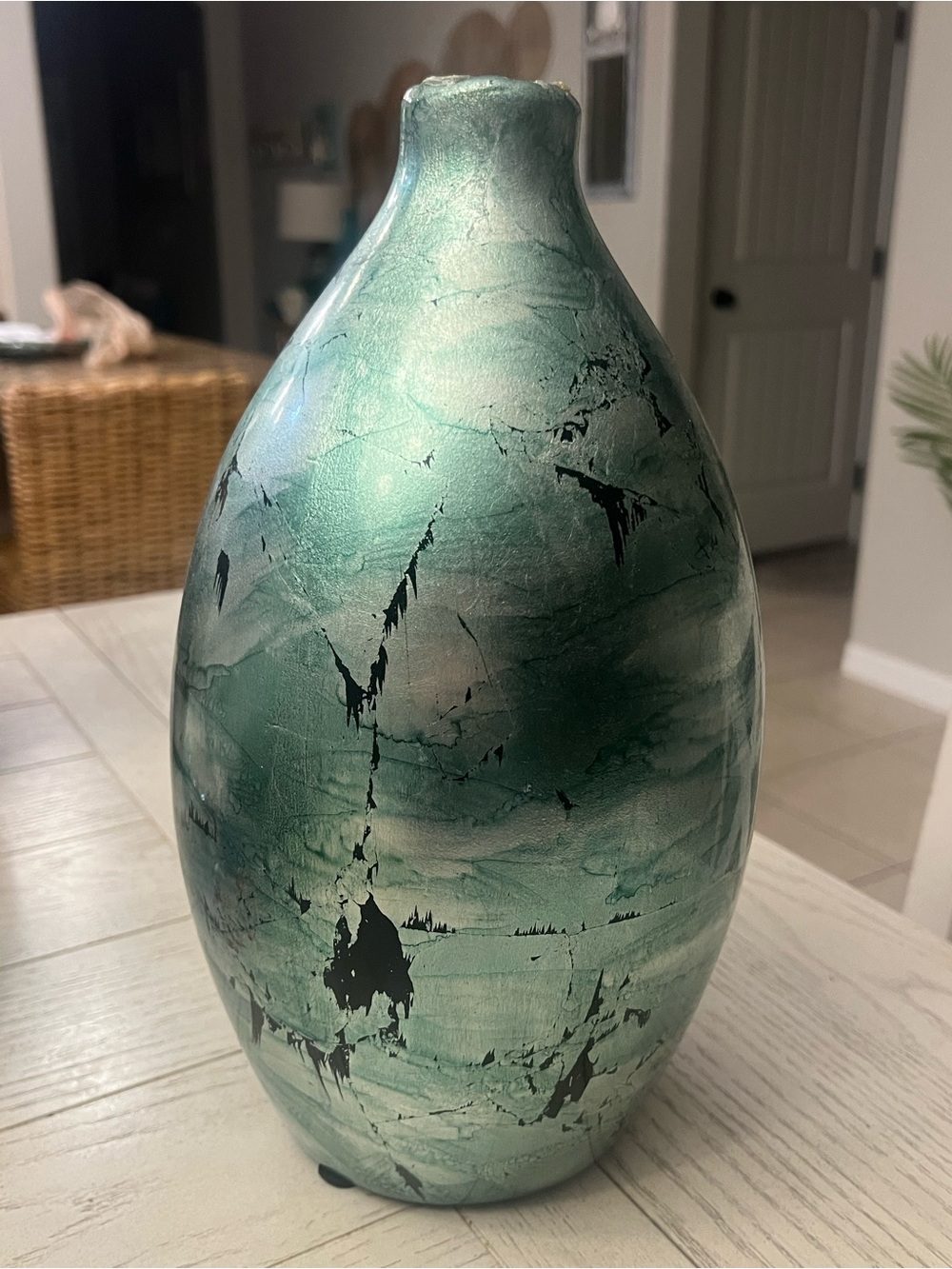 Large Aqua Sea Glass Green Metallic Abstract Decorative Vase Coastal Decor
